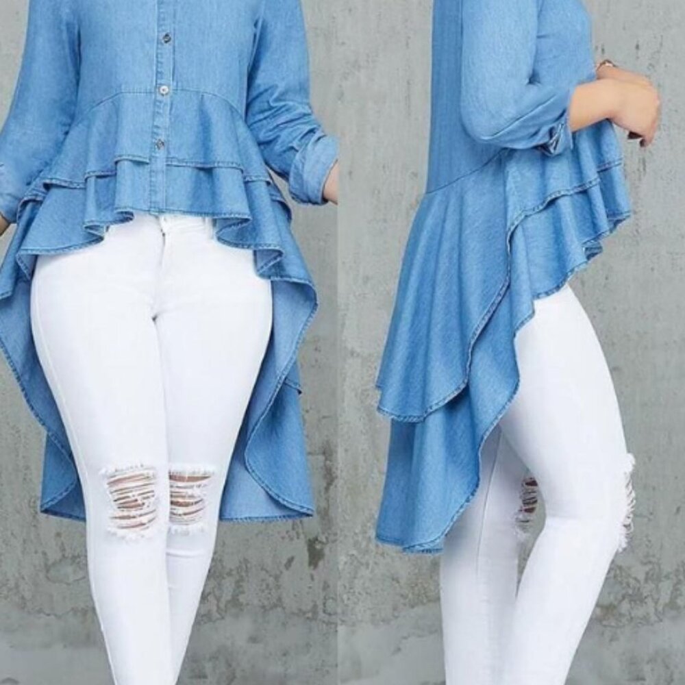 Asymmetrical Ruffle Hem Button-Down Chambray Tunic Top Women‎ Veeveret